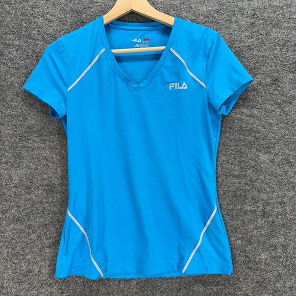 Fila T-Shirt Women S Small Blue V-Neck Short Sleeve Pullover Casual Solid - Picture 1 of 6